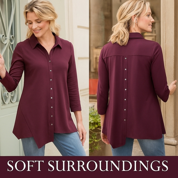 SOFT SURROUNDINGS Deep Burgundy Jersey Button-Down Tunic Shirt (#100) - Picture 1 of 7